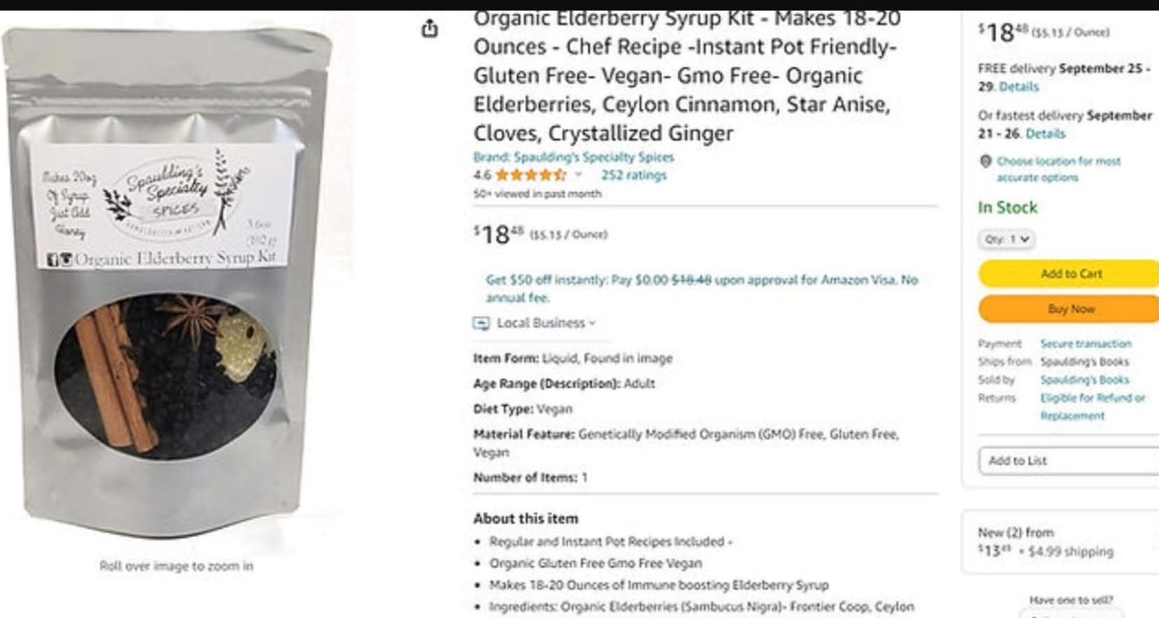 Organic Elderberry Syrup Kit - Makes 18-20 Ounces - Chef Recipe - Gluten Free-